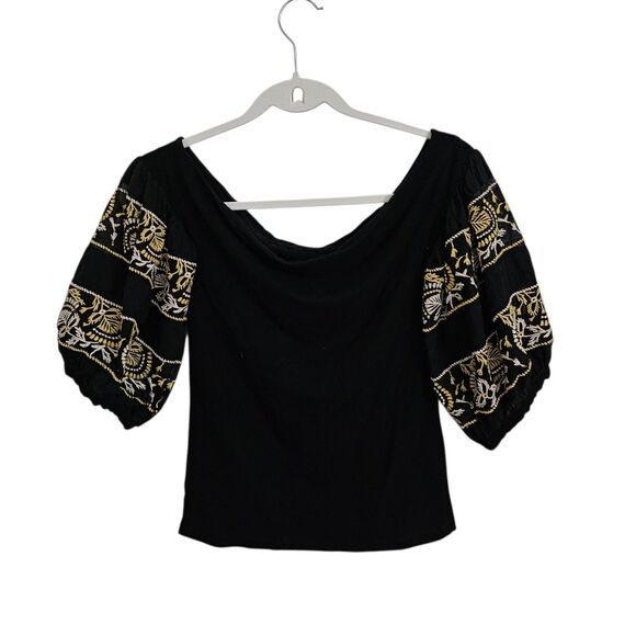Free People Rock With It Top XS Black‎ Embroidered Off the Shoulder Boho Blouse - Picture 8 of 10